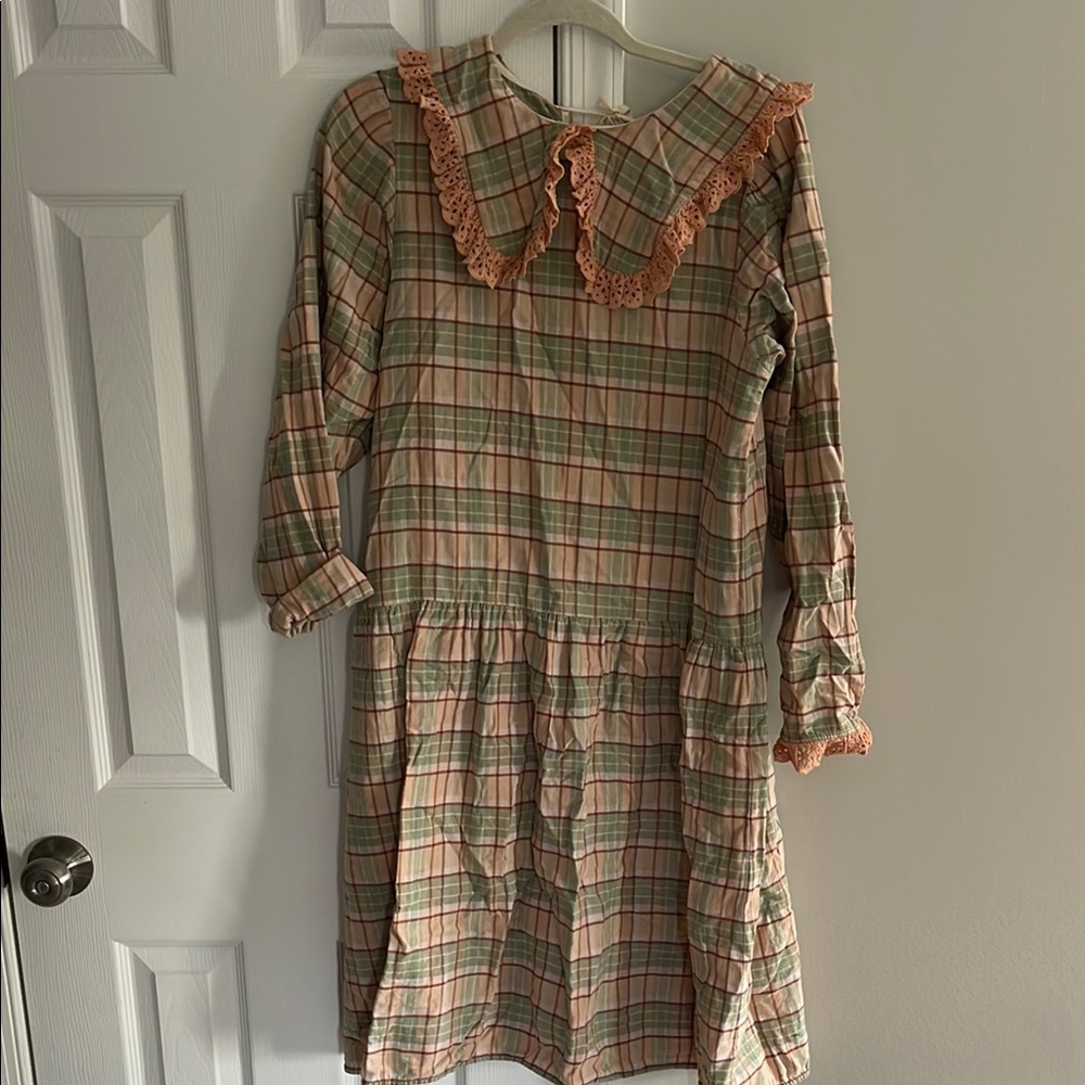 Brown and Cream Casual Dress with Sailor Collar and Bishop Sleeves